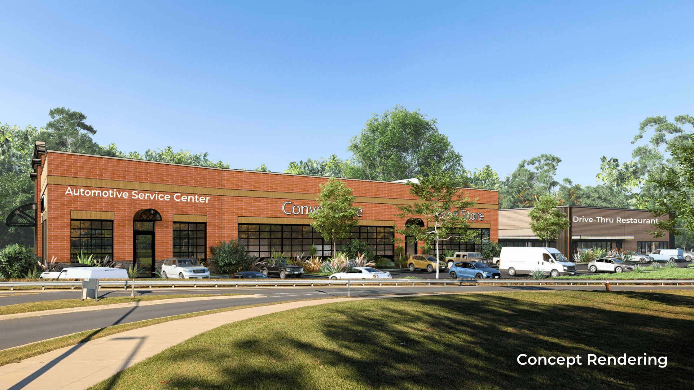 Concept rendering of a commercial property near Ashburn Metro Station, featuring an automotive service center, convenience store, and drive-thru restaurant surrounded by trees and parked vehicles.